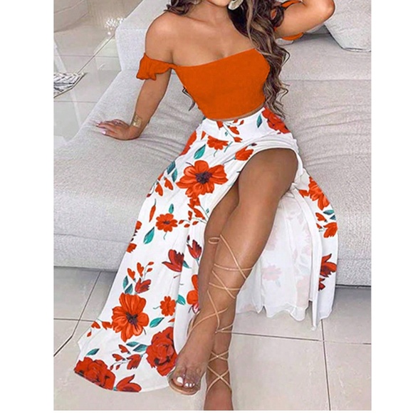 Boho Floral Print Ruffle Sleeve Crop Top Maxi Skirt set - Picture 8 of 10